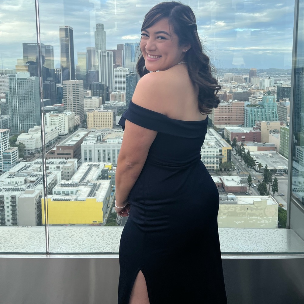 Off the shoulder navy maxi dress
